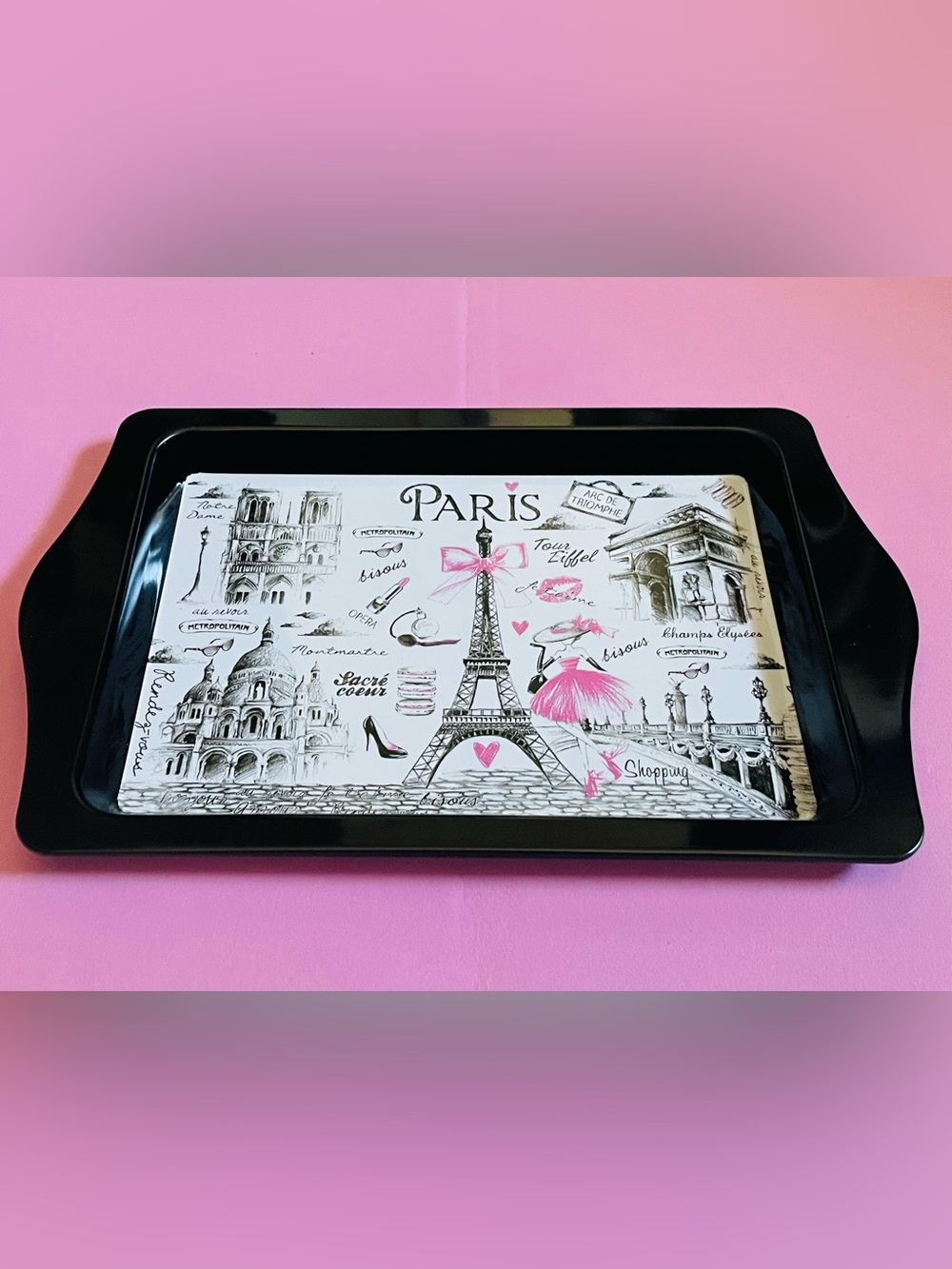NEW Paris Eiffel Tower Wall Art Print Tray in Black and Pink